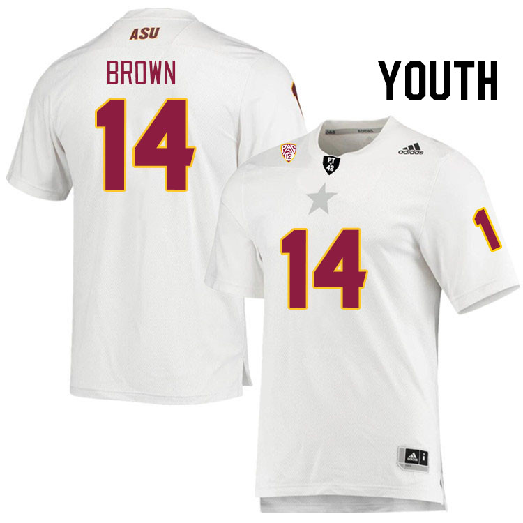 Youth #14 Kyson Brown Arizona State Sun Devils College Football Jerseys Stitched Sale-White - Click Image to Close